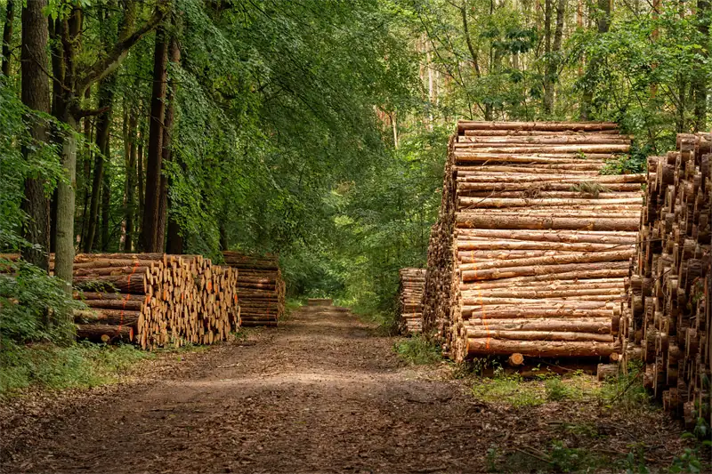 Piles de grumes stockées le long d'un chemin forestier